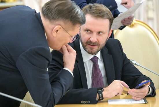 May 7, 2025. Deputy Chief of Staff of the Russian Presidential Executive Office Maxim Oreshkin during the meeting between President of Russia Vladimir Putin and President of Mongolia Ukhnaagiin Khurelsukh. Location: Russia, Moscow. Author: Alexey Nikolskiy/Sputnik. President of Russia Vladimir Putin meets with President of Mongolia Ukhnaagiin Khurelsukh