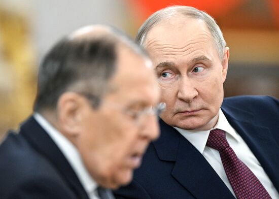 May 7, 2025. President of Russia Vladimir Putin during his meeting with President of Mongolia Ukhnaagiin Khurelsukh. Location: Russia, Moscow. Author: Sergey Bobylev/Sputnik. President of Russia Vladimir Putin meets with President of Mongolia Ukhnaagiin Khurelsukh