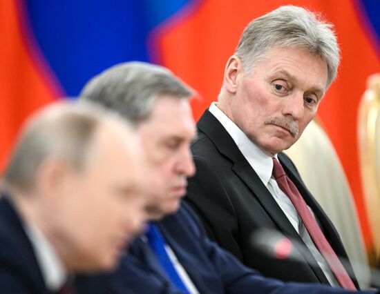 May 7, 2025. Russian Presidential Press Secretary Dmitry Peskov during the meeting between President of Russia Vladimir Putin and President of Mongolia Ukhnaagiin Khurelsukh. Location: Russia, Moscow. Author: Sergey Bobylev/Sputnik. President of Russia Vladimir Putin meets with President of Mongolia Ukhnaagiin Khurelsukh