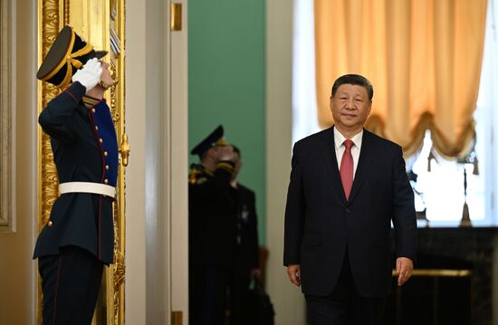 May 8, 2025. President of China Xi Jinping arrives at a meeting with President of Russia Vladimir Putin. Location: Russia, Moscow. Author: Sergey Bobylev/Sputnik. President of China Xi Jinping's official visit to Russia