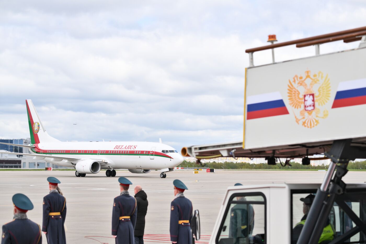 Arrival of President of Belarus Alexander Lukashenko in Moscow for 80th anniversary of Victory