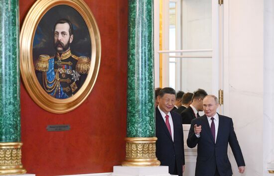 May 8, 2025. President of Russia Vladimir Putin and President of China Xi Jinping, left, before a ceremony of exchanging documents after Russia-China talks. Location: Russia, Moscow. Author: Alexandr Kryazhev/Sputnik. President of China Xi Jinping's official visit to Russia