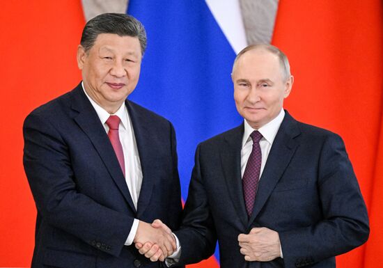 May 8, 2025. President of Russia Vladimir Putin and President of China Xi Jinping during a ceremony of exchanging documents after Russia-China talks. Location: Russia, Moscow. Author: Sergey Bobylev/Sputnik. President of China Xi Jinping's official visit to Russia