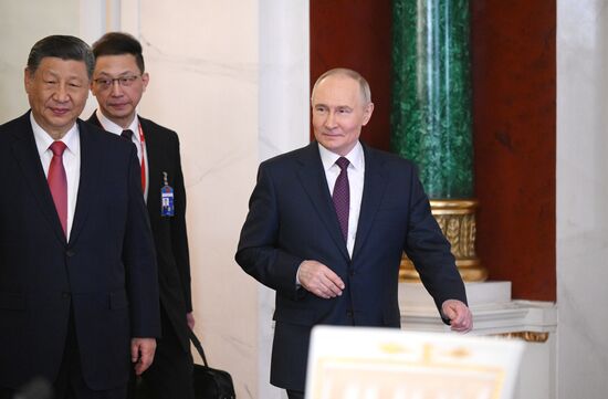 May 8, 2025. President of Russia Vladimir Putin and President of China Xi Jinping, left, during a ceremony of exchanging documents after Russia-China talks. Location: Russia, Moscow. Author: Alexandr Kryazhev/Sputnik. President of China Xi Jinping's official visit to Russia