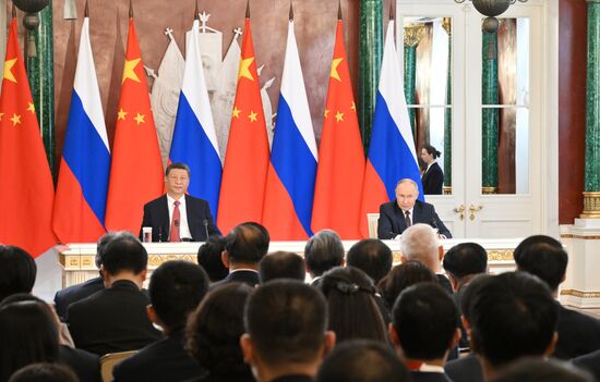 May 8, 2025. President of Russia Vladimir Putin and President of China Xi Jinping during a ceremony of exchanging documents after Russia-China talks. Location: Russia, Moscow. Author: Alexei Danichev/Sputnik. President of China Xi Jinping's official visit to Russia