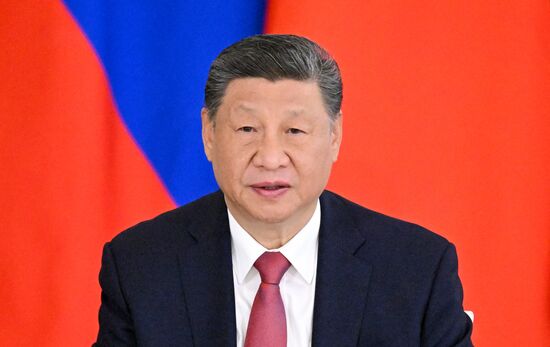 May 8, 2025. President of China Xi Jinping during a ceremony of exchanging documents after Russia-China talks with President of Russia Vladimir Putin. Location: Russia, Moscow. Author: Sergey Bobylev/Sputnik. President of China Xi Jinping's official visit to Russia