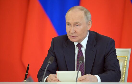 May 8, 2025. President of Russia Vladimir Putin during a ceremony of exchanging documents after Russia-China talks. Location: Russia, Moscow. Author: Alexey Nikolskiy/Sputnik. President of China Xi Jinping's official visit to Russia