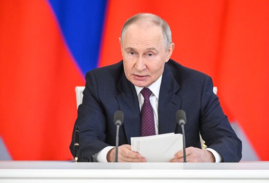 May 8, 2025. President of Russia Vladimir Putin during a ceremony of exchanging documents after Russia-China talks with President of China Xi Jinping. Location: Russia, Moscow. Author: Sergey Bobylev/Sputnik. President of China Xi Jinping's official visit to Russia