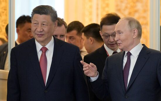 May 8, 2025. President of Russia Vladimir Putin and President of China Xi Jinping before a ceremony of exchanging documents after Russia-China talks. Location: Russia, Moscow. Author: Alexey Nikolskiy/Sputnik. President of China Xi Jinping's official visit to Russia