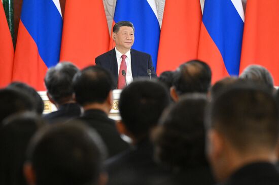 May 8, 2025. President of China Xi Jinping during a ceremony of exchanging documents after Russia-China talks. Location: Russia, Moscow. Author: Alexei Danichev/Sputnik. President of China Xi Jinping's official visit to Russia