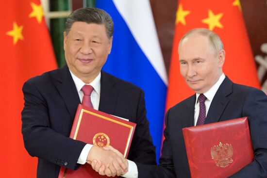 May 8, 2025. President of Russia Vladimir Putin and President of China Xi Jinping, left, during a ceremony of exchanging documents after Russia-China talks. Location: Russia, Moscow. Author: Alexey Nikolskiy/Sputnik. President of China Xi Jinping's official visit to Russia