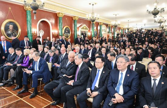 May 8, 2025. Delegations of Russia and China during a ceremony of exchanging documents after Russia-China talks. Front center: Cai Qi, Member of the Political Bureau of the CPC Central Committee, left, and Wang Yi, Member of the Political Bureau of the CPC Central Committee, Director of the Office of the Central Commission for Foreign Affairs. Location: Russia, Moscow. Author: Alexei Danichev/Sputnik. President of China Xi Jinping's official visit to Russia