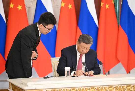 May 8, 2025. President of China Xi Jinping during a ceremony of exchanging documents after Russia-China talks. Location: Russia, Moscow. Author: Alexei Danichev/Sputnik. President of China Xi Jinping's official visit to Russia
