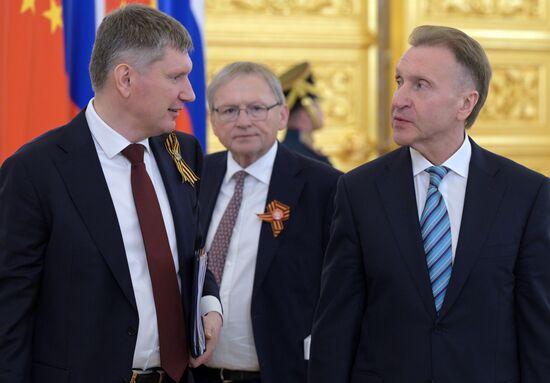 May 8, 2025. From left: Russian Minister of Economic Development Maxim Reshetnikov, Special Presidential Representative for Relations with International Organizations to Achieve Sustainable Development Goals Boris Titov and Chairman of the VEB.RF State Development Corporation Igor Shuvalov ahead of Russia-China talks. Location: Russia, Moscow. Author: Alexey Nikolskiy/Sputnik. President of China Xi Jinping's official visit to Russia