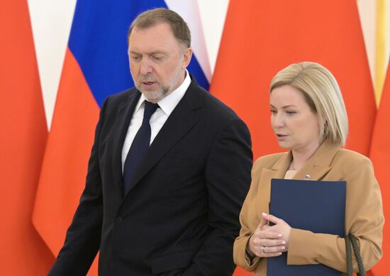May 8, 2025. Board Member of the Russian Union of Industrialists and Entrepreneurs Oleg Deripaska and Russian Minister of Culture Olga Lyubimova ahead of Russia-China talks. Location: Russia, Moscow. Author: Alexey Nikolskiy/Sputnik. President of China Xi Jinping's official visit to Russia