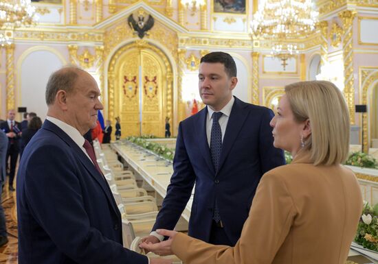 May 8, 2025. From left: Chairman of the Central Committee of the Communist Party of the Russian Federation Gennady Zyuganov, Russian Minister of Industry and Trade Anton Alikhanov, and Minister of Culture Olga Lyubimova ahead of Russia-China talks. Location: Russia, Moscow. Author: Alexey Nikolskiy/Sputnik. President of China Xi Jinping's official visit to Russia