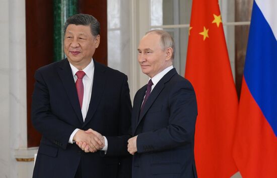 May 8, 2025. President of Russia Vladimir Putin and President of China Xi Jinping after Russia-China talks. Location: Russia, Moscow. Author: Alexandr Kryazhev/Sputnik. President of China Xi Jinping's official visit to Russia
