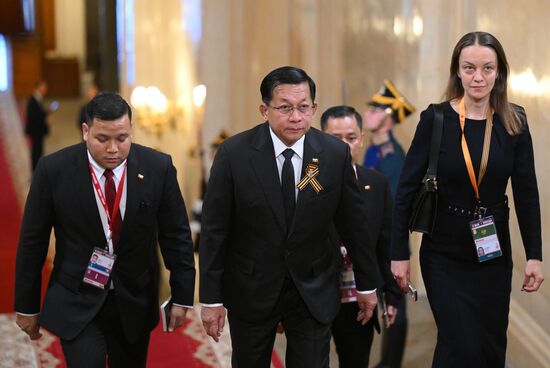 Chairman of the State Administration Council of Myanmar Min Aung Hlaing arrives in the Kremlin for a gala concert held for heads of foreign delegations invited to the celebrations of the 80th anniversary of Victory in the Great Patriotic War. Location: Russia, Moscow. Author: Alexandr Kryazhev/Sputnik. Heads of foreign delegations arrive in Kremlin for gala concert