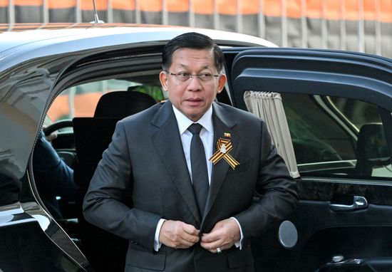 Chairman of the State Administration Council of Myanmar Min Aung Hlaing arrives in the Kremlin for a gala concert held for heads of foreign delegations invited to the celebrations of the 80th anniversary of Victory in the Great Patriotic War. Location: Russia, Moscow. Author: Alexei Danichev/Sputnik. Heads of foreign delegations arrive in Kremlin for gala concert