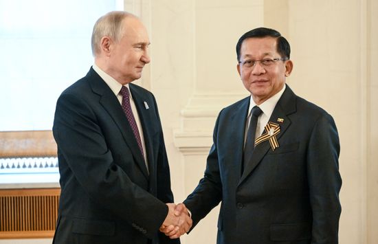President of Russia Vladimir Putin and Chairman of the State Administration Council of Myanmar Min Aung Hlaing, who arrived in the Kremlin for a gala concert held for heads of foreign delegations invited to the celebrations of the 80th anniversary of Victory in the Great Patriotic War. Location: Russia, Moscow. Author: Sergey Bobylev/Sputnik. Heads of foreign delegations arrive in Kremlin for gala concert