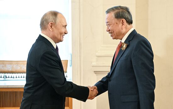President of Russia Vladimir Putin and Secretary General of the Communist Party of Vietnam To Lam, who arrived in the Kremlin for a gala concert held for heads of foreign delegations invited to the celebrations of the 80th anniversary of Victory in the Great Patriotic War. Location: Russia, Moscow. Author: Sergey Bobylev/Sputnik. Heads of foreign delegations arrive in Kremlin for gala concert