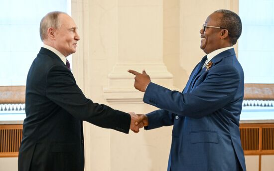 President of Russia Vladimir Putin and President of the Republic of Guinea-Bissau Umaro Sissoco Embalo, who arrived in the Kremlin for a gala concert held for heads of foreign delegations invited to the celebrations of the 80th anniversary of Victory in the Great Patriotic War. Location: Russia, Moscow. Author: Sergey Bobylev/Sputnik. Heads of foreign delegations arrive in Kremlin for gala concert