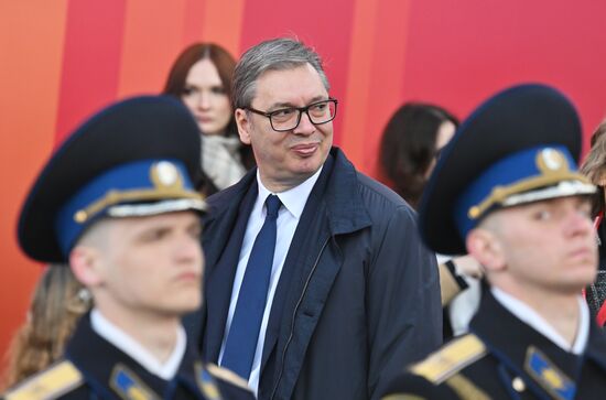 Serbian President Aleksandar Vucic on Red Square in Moscow before the military parade to mark the 80th anniversary of Victory. On May 9, Russia celebrates the 80th anniversary of Victory in the Great Patriotic War of 1941-1945. Location: Russia, Moscow. Author: Ilya Pitalev/Sputnik. President of Russia Vladimir Putin and foreign leaders at military parade marking 80th anniversary of Victory
