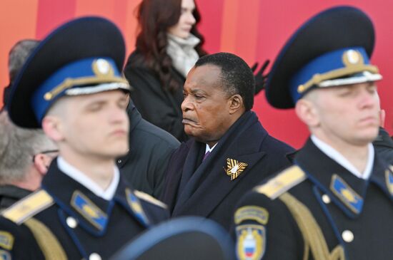 President of the Republic of Congo Denis Sassou Nguesso on Red Square in Moscow before the start of the military parade to mark the 80th anniversary of Victory in the Great Patriotic War. Location: Russia, Moscow. Author: Ilya Pitalev/Sputnik. President of Russia Vladimir Putin and foreign leaders at military parade marking 80th anniversary of Victory