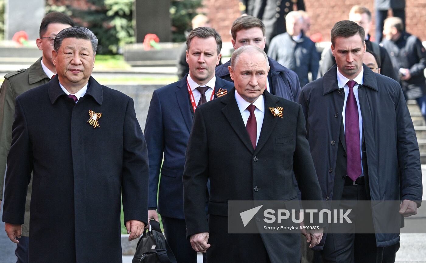 President of Russia Vladimir Putin and foreign leaders at military parade marking 80th anniversary of Victory