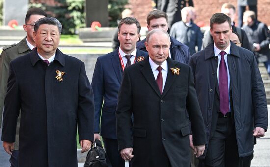 Russian President Vladimir Putin and Chinese President Xi Jinping, left, on Red Square in Moscow before the military parade to mark the 80th anniversary of Victory. On May 9, Russia celebrates the 80th anniversary of Victory in the Great Patriotic War of 1941-1945. Location: Russia, Moscow. Author: Sergey Bobylev/Sputnik. President of Russia Vladimir Putin and foreign leaders at military parade marking 80th anniversary of Victory