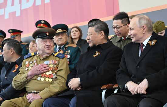 President of Russia Vladimir Putin and foreign leaders at military parade marking 80th anniversary of Victory