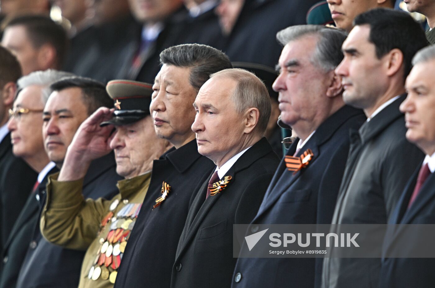 President of Russia Vladimir Putin and foreign leaders at military parade marking 80th anniversary of Victory