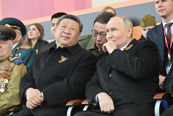 President of Russia Vladimir Putin and President of China Xi Jinping on Red Square in Moscow, where a military parade marking the 80th anniversary of Victory is taking place. Russia marks the 80th anniversary of Victory in the Great Patriotic War of 1941-1945. Location: Russia, Moscow. President of Russia Vladimir Putin and foreign leaders at military parade marking 80th anniversary of Victory