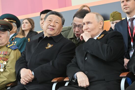 President of Russia Vladimir Putin and President of China Xi Jinping on Red Square in Moscow, where a military parade marking the 80th anniversary of Victory is taking place. Russia marks the 80th anniversary of Victory in the Great Patriotic War of 1941-1945. Location: Russia, Moscow. President of Russia Vladimir Putin and foreign leaders at military parade marking 80th anniversary of Victory