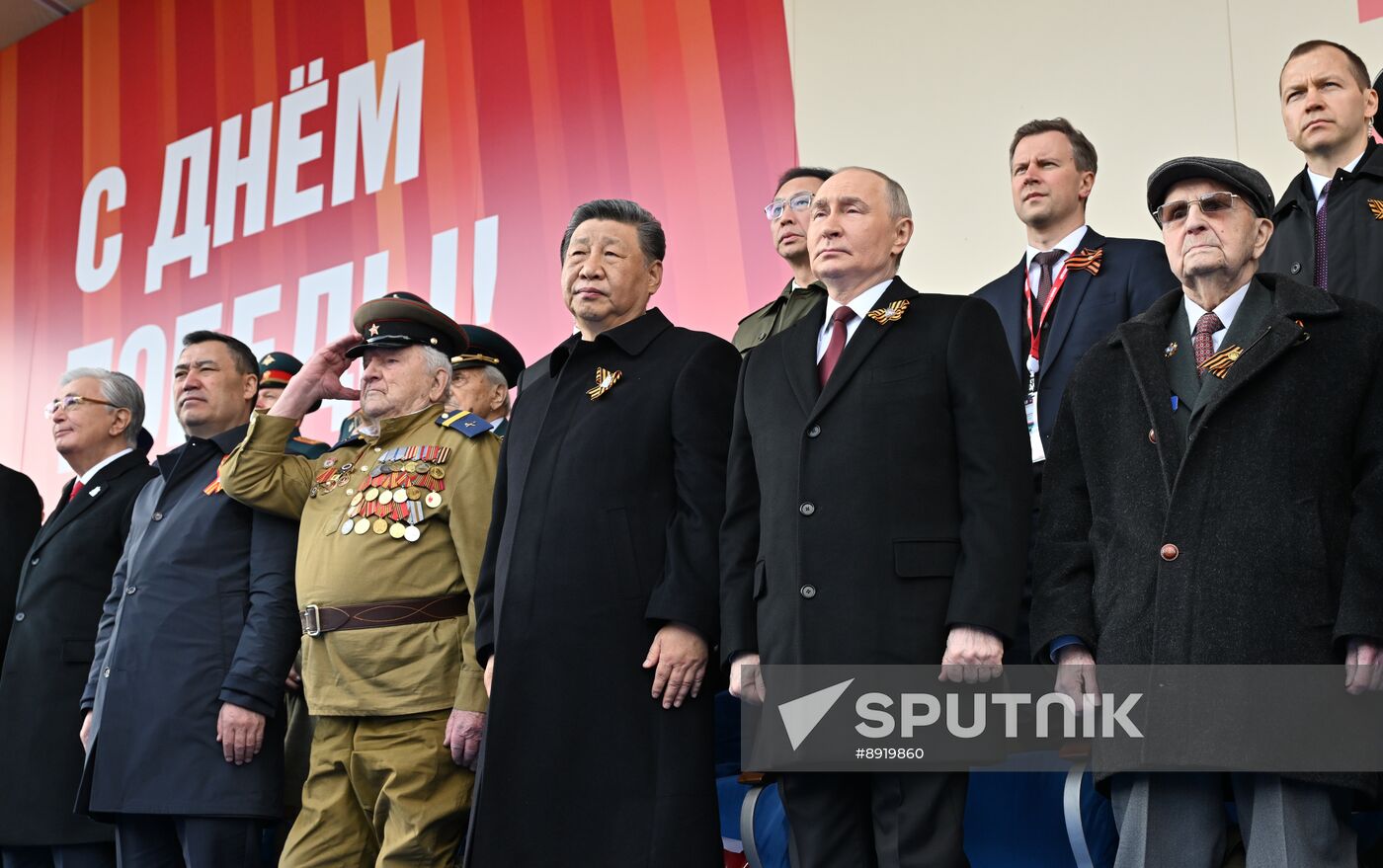 President of Russia Vladimir Putin and foreign leaders at military parade marking 80th anniversary of Victory