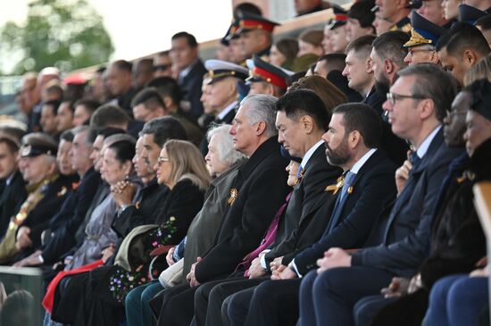 President of Russia Vladimir Putin and foreign leaders at military parade marking 80th anniversary of Victory