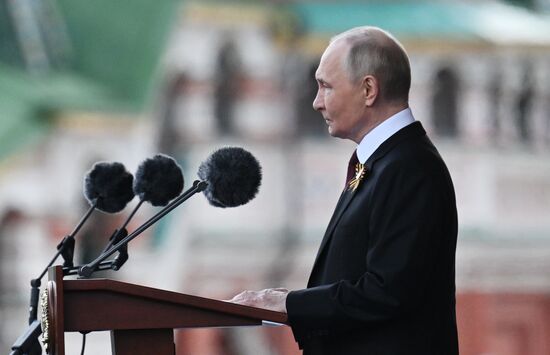 President of Russia Vladimir Putin speaks on Red Square in Moscow at the military parade to mark the 80th anniversary of Victory. On May 9, Russia celebrates the 80th anniversary of Victory in the Great Patriotic War of 1941-1945. Location: Russia, Moscow. Author: Ilya Pitalev/Sputnik. President of Russia Vladimir Putin and foreign leaders at military parade marking 80th anniversary of Victory