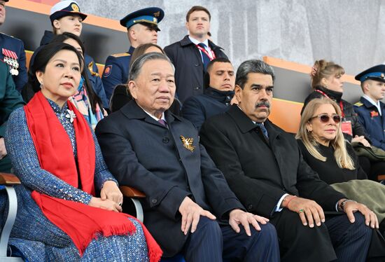 Venezuelan President Nicolas Maduro with his wife, Cilia Flores, and General Secretary of the Communist Party of Vietnam To Lam with his wife, Ngo Phuong Ly, on Red Square in Moscow at the military parade to mark the 80th anniversary of Victory. On May 9, Russia celebrates the 80th anniversary of Victory in the Great Patriotic War of 1941-1945. Location: Russia, Moscow. President of Russia Vladimir Putin and foreign leaders at military parade marking 80th anniversary of Victory