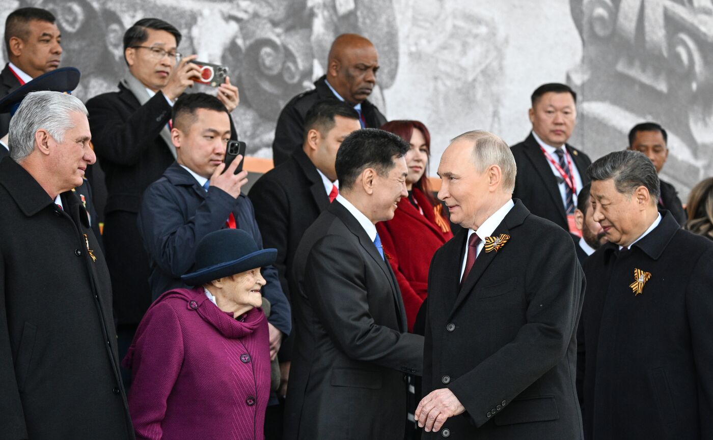 President of Russia Vladimir Putin and foreign leaders at military parade marking 80th anniversary of Victory
