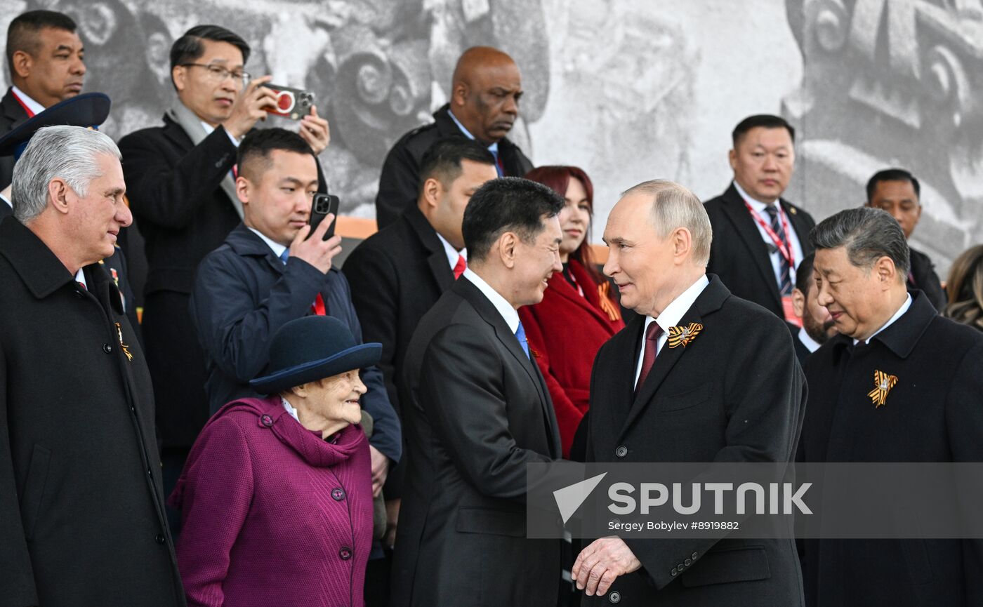 President of Russia Vladimir Putin and foreign leaders at military parade marking 80th anniversary of Victory