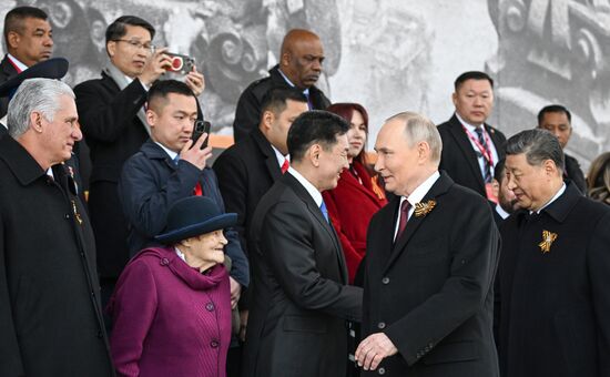 President of Russia Vladimir Putin and foreign leaders at military parade marking 80th anniversary of Victory