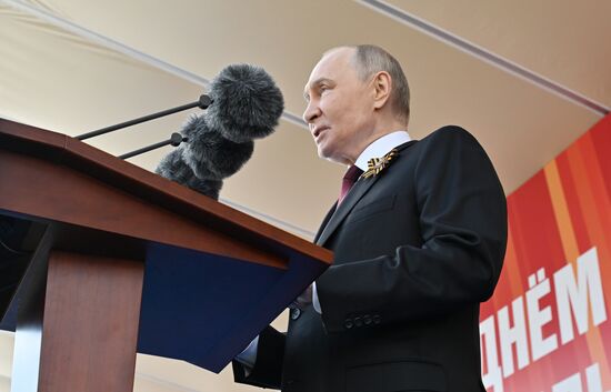 President of Russia Vladimir Putin on Red Square in Moscow at the military parade to mark the 80th anniversary of Victory. On May 9, Russia celebrates the 80th anniversary of Victory in the Great Patriotic War of 1941-1945. Location: Russia, Moscow. President of Russia Vladimir Putin and foreign leaders at military parade marking 80th anniversary of Victory