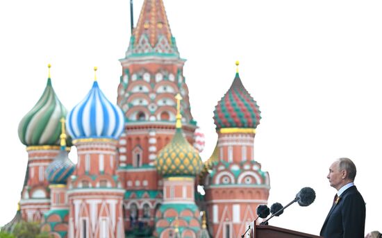 President of Russia Vladimir Putin on Red Square in Moscow at the military parade to mark the 80th anniversary of Victory. On May 9, Russia celebrates the 80th anniversary of Victory in the Great Patriotic War of 1941-1945. Location: Russia, Moscow. Author: Sergey Bobylev/Sputnik. President of Russia Vladimir Putin and foreign leaders at military parade marking 80th anniversary of Victory