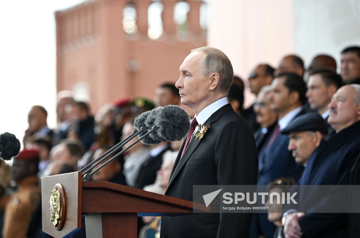 President of Russia Vladimir Putin and foreign leaders at military parade marking 80th anniversary of Victory
