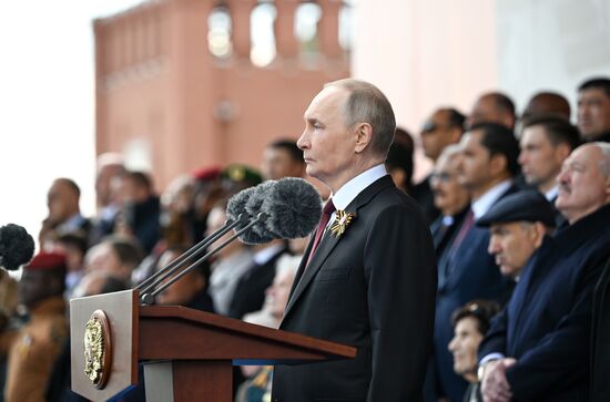 President of Russia Vladimir Putin on Red Square in Moscow at the military parade to mark the 80th anniversary of Victory. On May 9, Russia celebrates the 80th anniversary of Victory in the Great Patriotic War of 1941-1945. Location: Russia, Moscow. Author: Sergey Bobylev/Sputnik. President of Russia Vladimir Putin and foreign leaders at military parade marking 80th anniversary of Victory