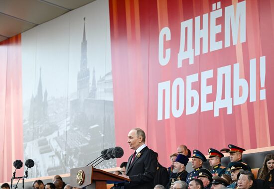 President of Russia Vladimir Putin on Red Square in Moscow at the military parade to mark the 80th anniversary of Victory. On May 9, Russia celebrates the 80th anniversary of Victory in the Great Patriotic War of 1941-1945. Location: Russia, Moscow. Author: Sergey Bobylev/Sputnik. President of Russia Vladimir Putin and foreign leaders at military parade marking 80th anniversary of Victory