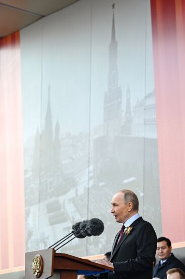 President of Russia Vladimir Putin on Red Square in Moscow at the military parade to mark the 80th anniversary of Victory. On May 9, Russia celebrates the 80th anniversary of Victory in the Great Patriotic War of 1941-1945. Location: Russia, Moscow. Author: Sergey Bobylev/Sputnik. President of Russia Vladimir Putin and foreign leaders at military parade marking 80th anniversary of Victory