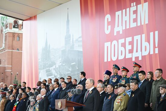 President of Russia Vladimir Putin on Red Square in Moscow at the military parade to mark the 80th anniversary of Victory. On May 9, Russia celebrates the 80th anniversary of Victory in the Great Patriotic War of 1941-1945. Location: Russia, Moscow. Author: Sergey Bobylev/Sputnik. President of Russia Vladimir Putin and foreign leaders at military parade marking 80th anniversary of Victory