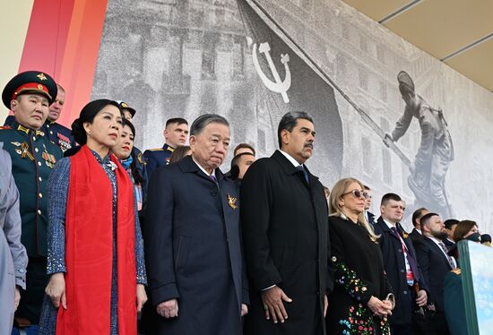 President of Venezuela Nicolas Maduro with his wife Cilia Flores and General Secretary of the Communist Party of Vietnam To Lam with his wife Ngo Phuong Ly at the military parade to mark the 80th anniversary of Victory in the Great Patriotic War on Red Square in Moscow. On May 9, Russia marks the 80th anniversary of Victory in the Great Patriotic War of 1941-1945. Location: Russia, Moscow. President of Russia Vladimir Putin and foreign leaders at military parade marking 80th anniversary of Victory