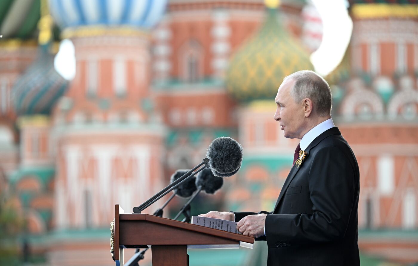 President of Russia Vladimir Putin and foreign leaders at military parade marking 80th anniversary of Victory